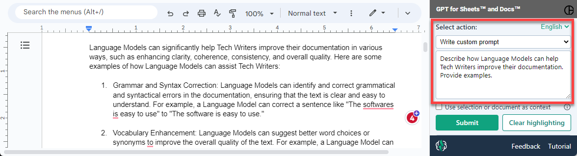 Select Write custom prompt in the Select action dropdown and write your prompt in the field