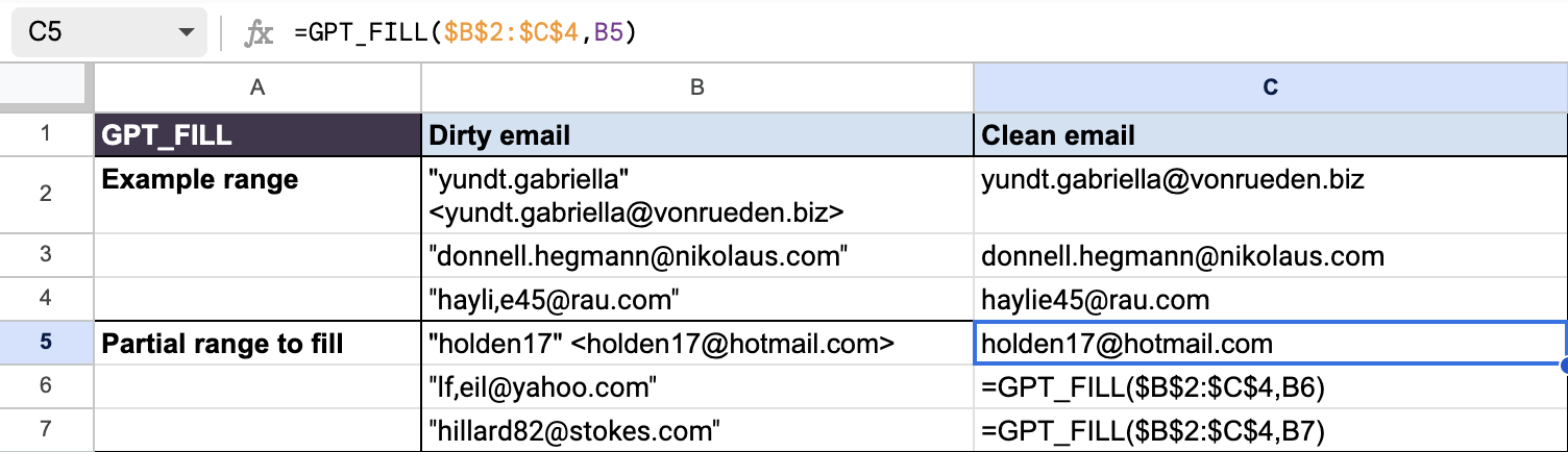 Use $ to provide a fix range for examples of correct emails: $B$2:$C$4