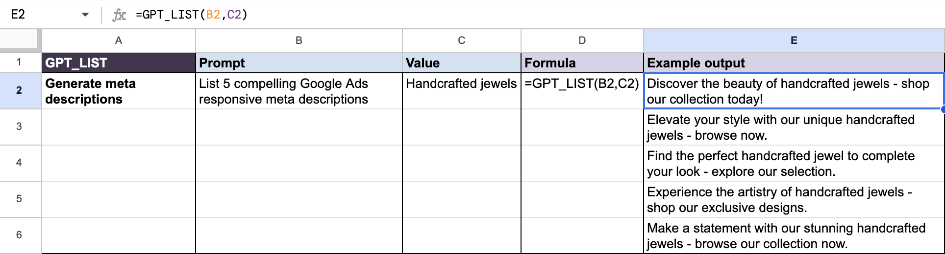 List 5 compelling Google Ads responsive meta descriptions for handcrafted jewels