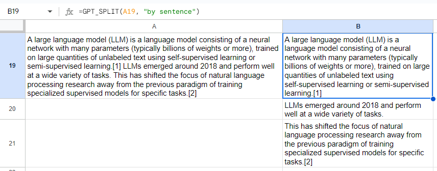 Split into sentences and insert them into separate cells