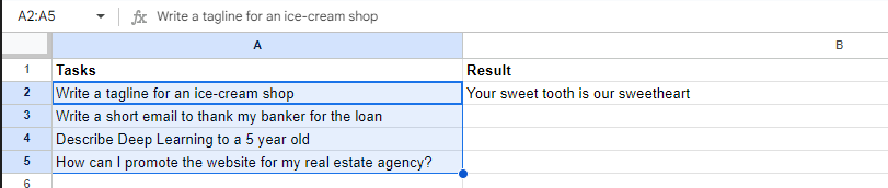 Tasks include Write a short email to thank my banker for the loan, Describe Deep Learning to a 5 year old, and How can I promote the website for my real estate agency?