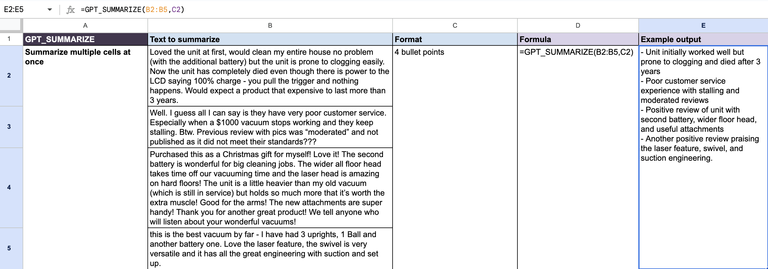 Summarize the content of several cells into 4 bullet points