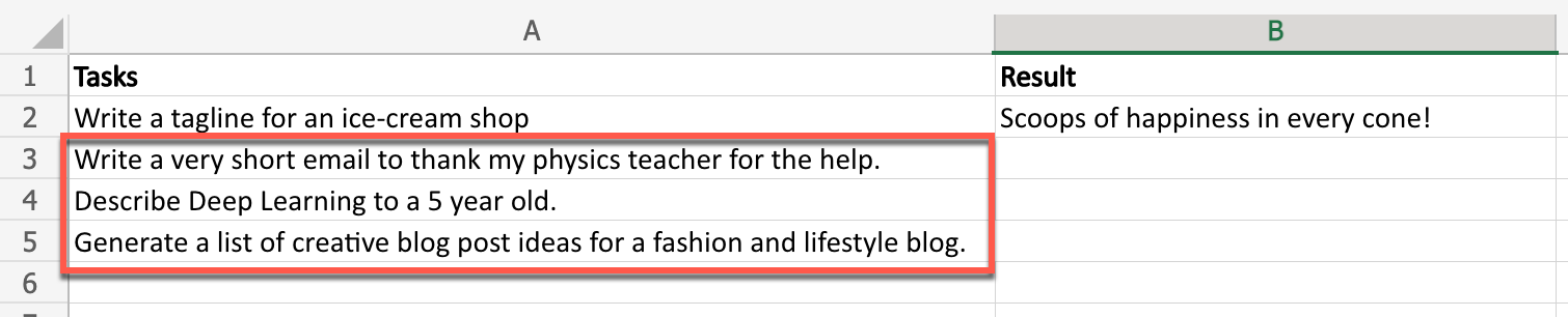 Tasks include Write a very short email to thank my physics teacher for the help, Describe Deep Learning to a 5 year old, and Generate a list of creative blog post ideas for a fashion and lifestyle blog.